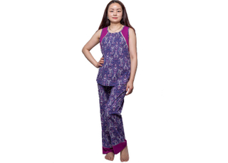 Fashion Womens Summer Nightwear Water Print Fabric Waistcoat and Long Pant with Cotton Lace